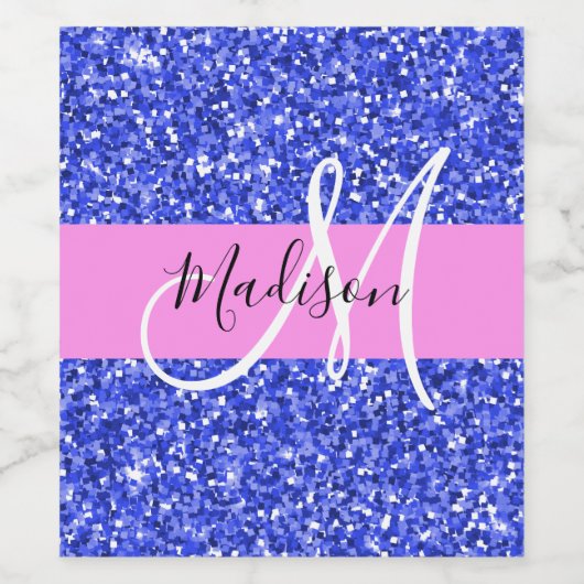Glam Dark Blue Pink Glitter Sparkles Naam Monogram Wijn Etiket (Enkel label)