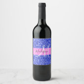 Glam Dark Blue Pink Glitter Sparkles Naam Monogram Wijn Etiket (Voorkant)