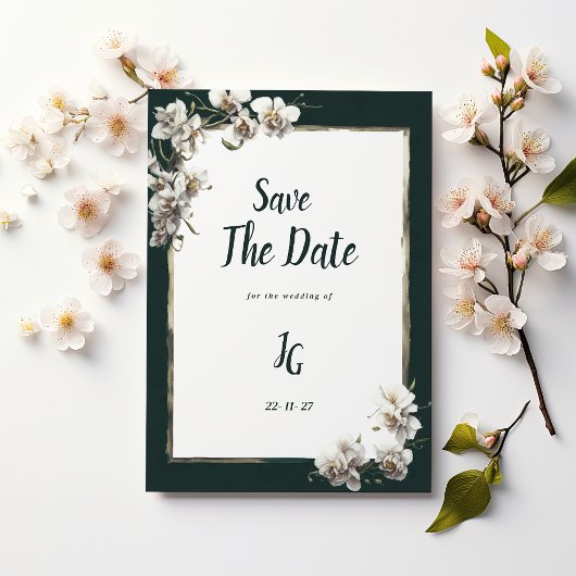 Glam dark green gold white orchid Save The Date Kaart