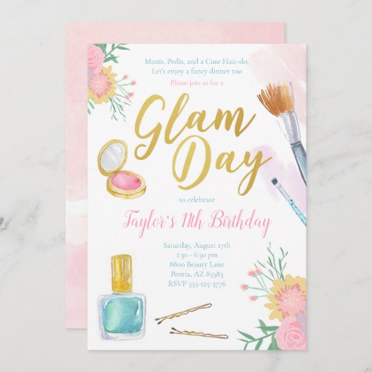 Glam Day Birthday Uitnodiging | Partij van Mani Pe (Voorkant / Achterkant)