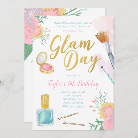 Glam Day Spa Party Birthday Invitation Kaart (Voorkant / Achterkant)