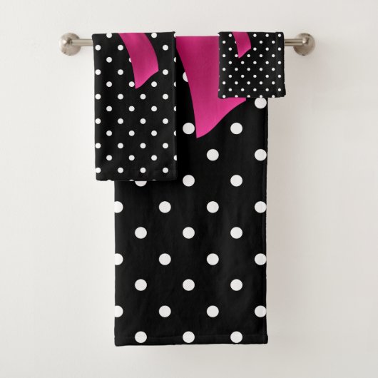 Glam Deep Pink Bow-White Polka Dots-Black Bad Handdoek (Insitu)
