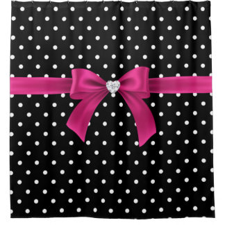 Glam Deep Pink Bow-White Polka Dots-Black Douchegordijn