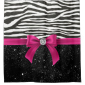 Glam Deep Pink Bow-Zebra Print-Black Sparkle Douchegordijn (Voorkant)