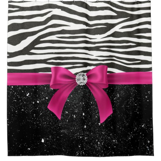 Glam Deep Pink Bow-Zebra Print-Black Sparkle Douchegordijn (Voorkant)