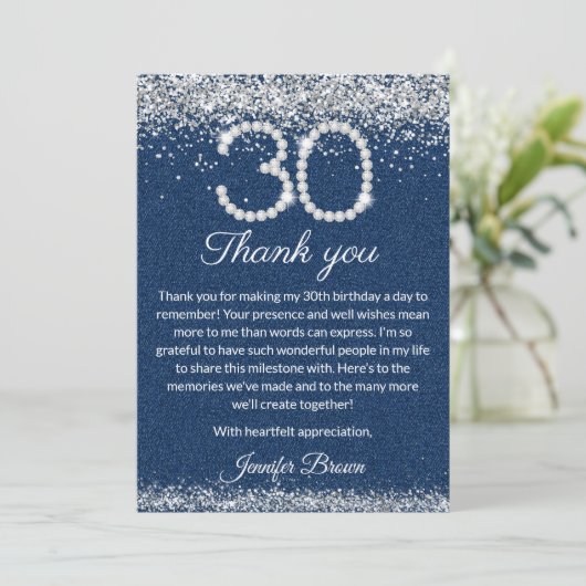 Glam Denim & Diamonds 30e verjaardag Bedankkaart (Staand voorkant)