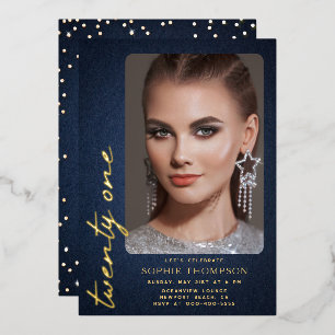Glam Denim Diamonds Blauw Goud 21ste Verjaardag Fo Folie Uitnodiging