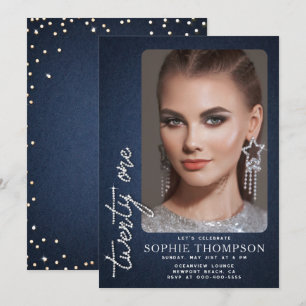 Glam Denim Diamonds Blauw Wit 21e Verjaardag Foto Kaart