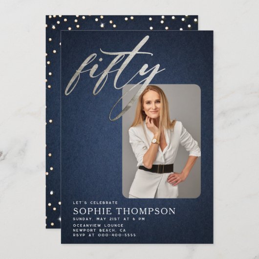 Glam Denim Diamonds Blauw Wit 50ste Verjaardag Fot Kaart (Voorkant / Achterkant)