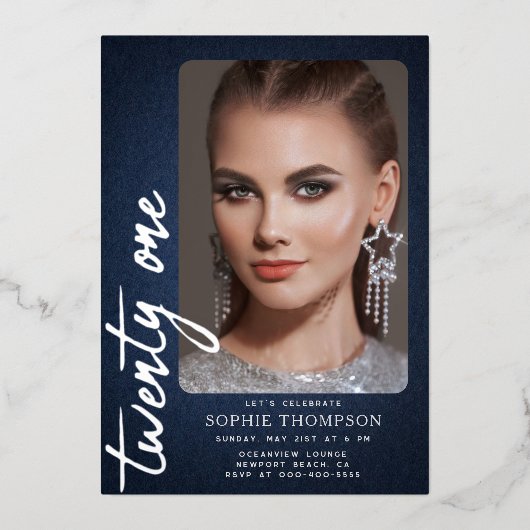 Glam Denim Diamonds Blue Jeans 21e verjaardag Foto Folie Uitnodiging (Voorkant)