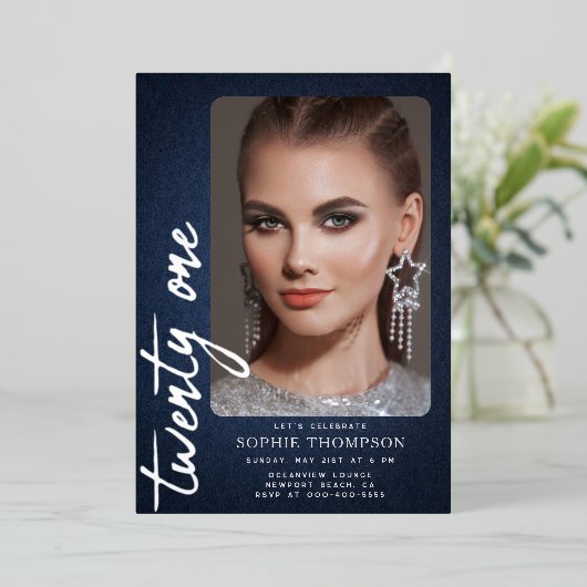 Glam Denim Diamonds Blue Jeans 21e verjaardag Foto Folie Uitnodiging (Staand Voorkant)