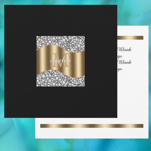 Glam-diamanten, gouden monogram, naam, bericht bedankkaart