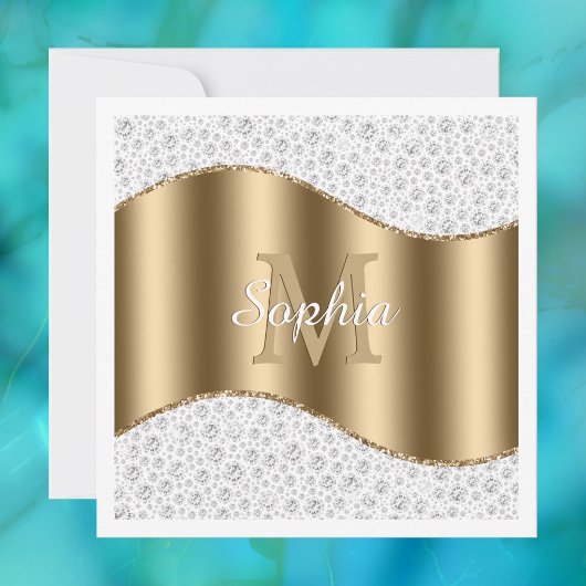 Glam-diamanten, gouden monogram, scriptnaam kaart