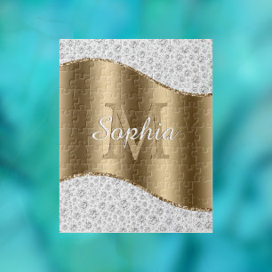 Glam-diamanten, gouden monogram, scriptnaam legpuzzel
