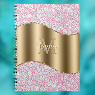 Glam-diamanten op roze, gouden monogram, scriptnaa notitieboek