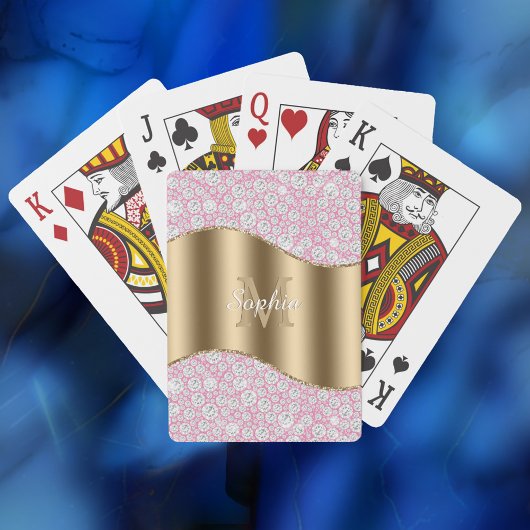 Glam-diamanten op roze, gouden monogram, scriptnaa pokerkaarten