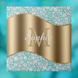 Glam-diamanten op turquoise, gouden monogram, scri tegeltje