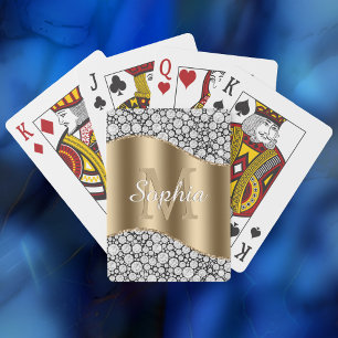 Glam-diamanten op zwart, gouden monogram, scriptna pokerkaarten