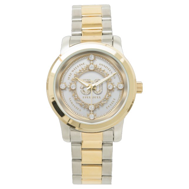 Glam Diamond & Gold Lijst 50e bruiloft Jubileum Horloge (Voorkant)
