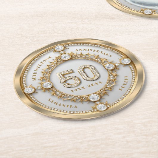 Glam Diamond & Gold Lijst 50e bruiloft Jubileum Ronde Kartonnen Onderzetter (Gebogen)