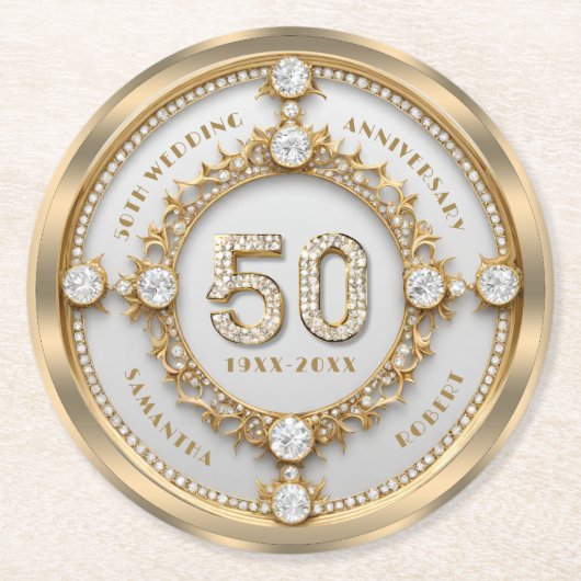 Glam Diamond & Gold Lijst 50e bruiloft Jubileum Ronde Kartonnen Onderzetter (Voorkant)