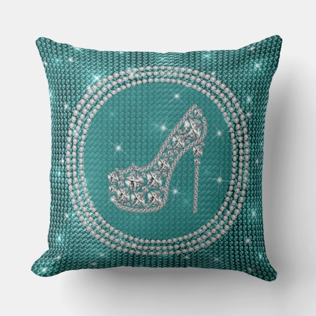Glam Diamond Stiletto-schoen op Blauwgroen Kussen (Voorkant)