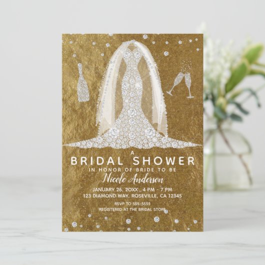 Glam Diamond Trouwjurk Goud Vrijgezellenfeest Kaart (Staand voorkant)