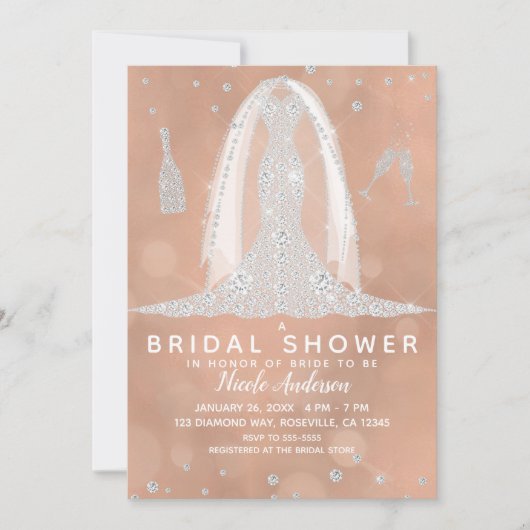 Glam Diamond Trouwjurk Perzik Vrijgezellenfeest Kaart (Voorkant)