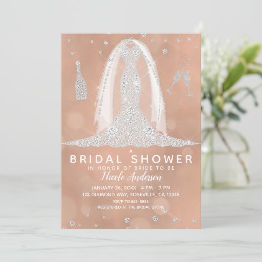 Glam Diamond Trouwjurk Perzik Vrijgezellenfeest Kaart (Staand voorkant)