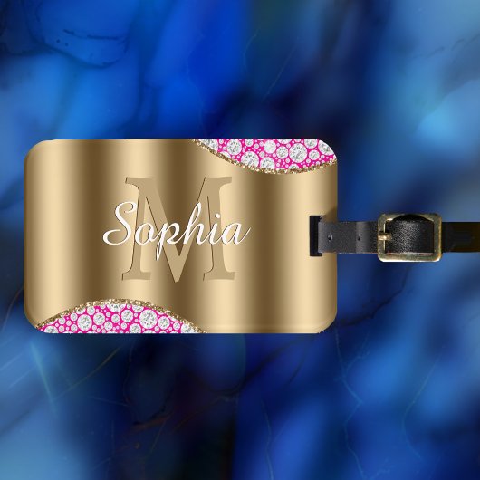 Glam Diamonds Fuchsia, Gouden Monogram, Script Naa Bagagelabel