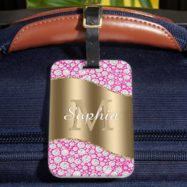 Glam Diamonds Fuchsia, Gouden Monogram, Script Naa Bagagelabel