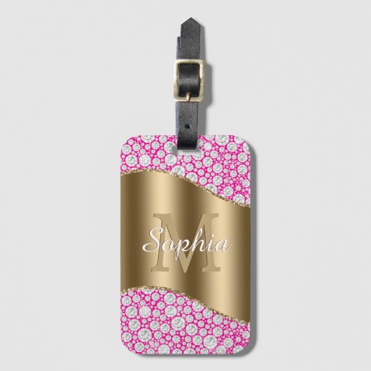 Glam Diamonds Fuchsia, Gouden Monogram, Script Naa Bagagelabel (Voorkant (verticaal))