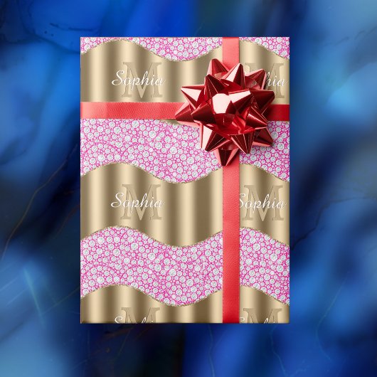 Glam Diamonds Fuchsia, Gouden Monogram, Script Naa Cadeaupapier
