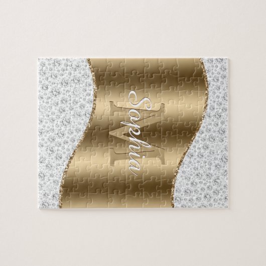 Glam Diamonds, Goud Monogram, Script Naam Legpuzzel (Horizontaal)