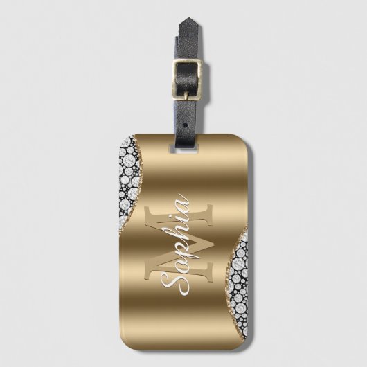 Glam Diamonds on Black, Gold Monogram, Script Naam Bagagelabel (Voorkant (verticaal))