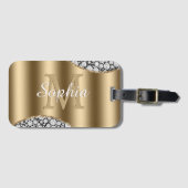 Glam Diamonds on Black, Gold Monogram, Script Naam Bagagelabel (Voorkant (horizontaal))