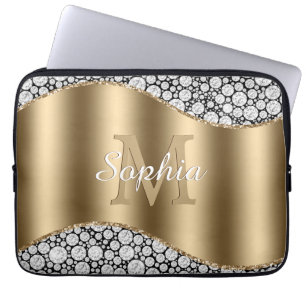 Glam Diamonds on Black, Gold Monogram, Script Naam Laptop Sleeve