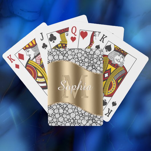 Glam Diamonds on Black, Gold Monogram, Script Naam Pokerkaarten