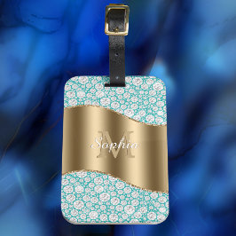 Glam Diamonds op Blauwgroen, Gouden Monogram, Scri Bagagelabel