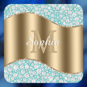 Glam Diamonds op Blauwgroen, Gouden Monogram, Scri Kartonnen Onderzetters