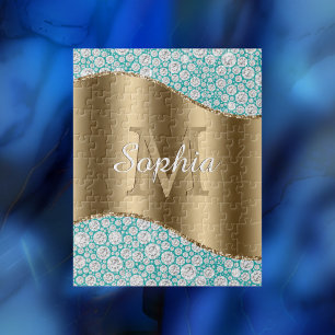 Glam Diamonds op Blauwgroen, Gouden Monogram, Scri Legpuzzel