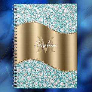 Glam Diamonds op Blauwgroen, Gouden Monogram, Scri Notitieboek