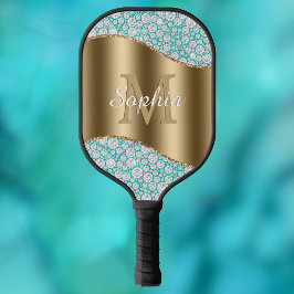 Glam Diamonds op Blauwgroen, Gouden Monogram, Scri Pickleball Paddle