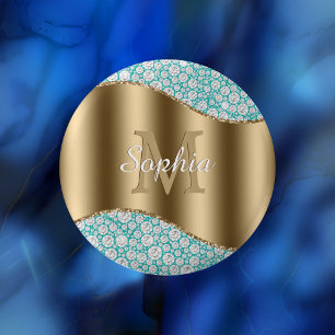 Glam Diamonds op Blauwgroen, Gouden Monogram, Scri Ronde Button 3,2 Cm