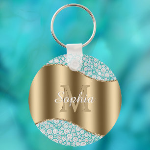 Glam Diamonds op Blauwgroen, Gouden Monogram, Scri Sleutelhanger