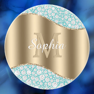 Glam Diamonds op Blauwgroen, Gouden Monogram, Scri Zandsteen Onderzetter