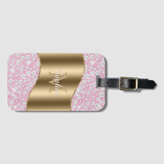 Glam Diamonds op Roze, Gouden Monogram, Script Naa Bagagelabel (Voorkant (horizontaal))