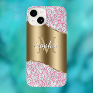 Glam Diamonds op Roze, Gouden Monogram, Script Naa iPhone 14 Hoesje