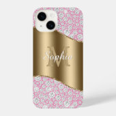Glam Diamonds op Roze, Gouden Monogram, Script Naa iPhone Hoesje (Achterkant)