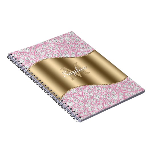 Glam Diamonds op Roze, Gouden Monogram, Script Naa Notitieboek (Rechterzijde)